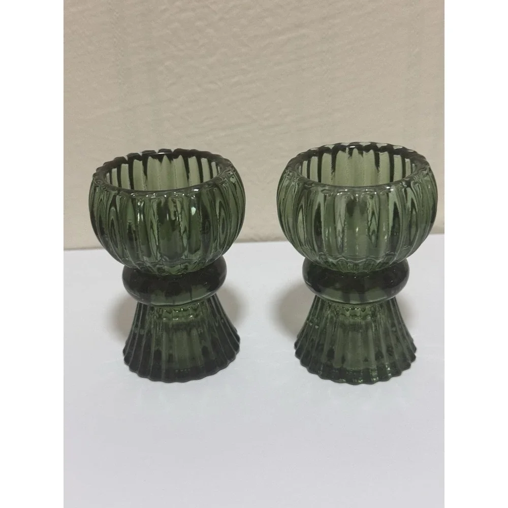 Green Ribbed Glass Candle Holders Glossy Decorative Tea Light Pair